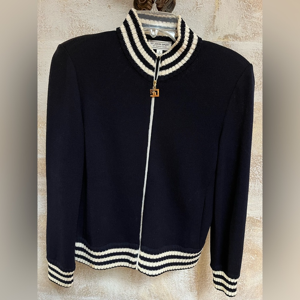 St John Knit : Navy and Cream Cardigan Sweater Like New!! Made in USA